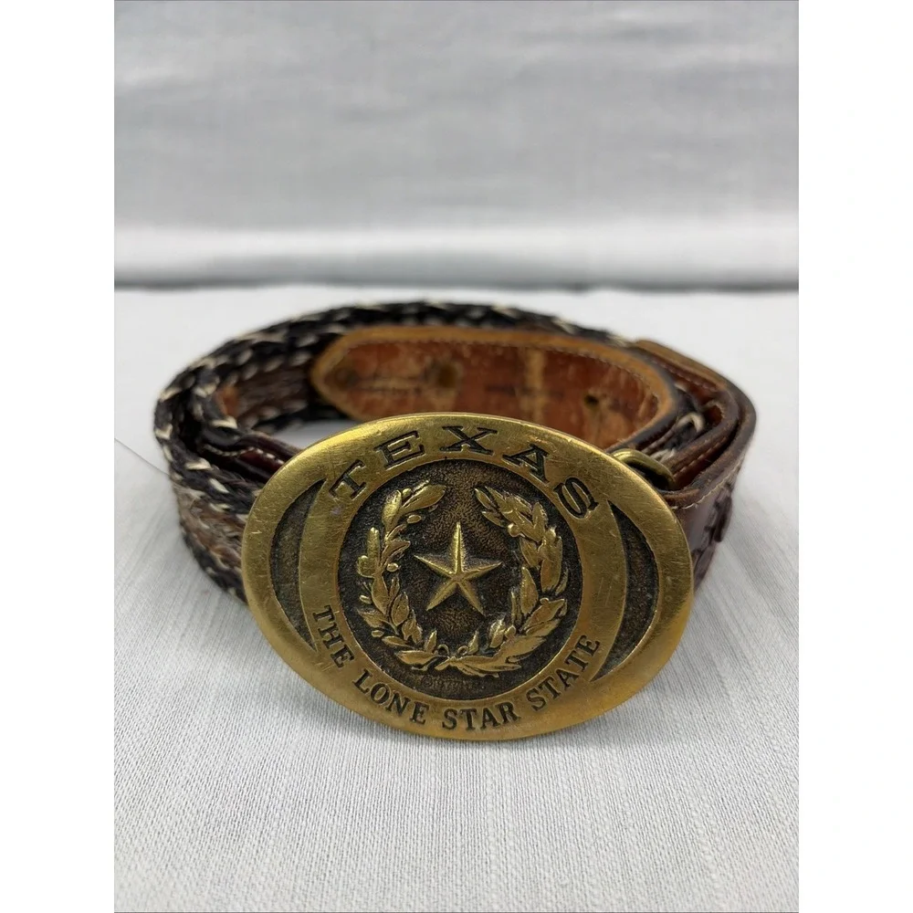Vintage Hand Braided Horsehair Belt Texas Lone Star Brass Buckle Size 34